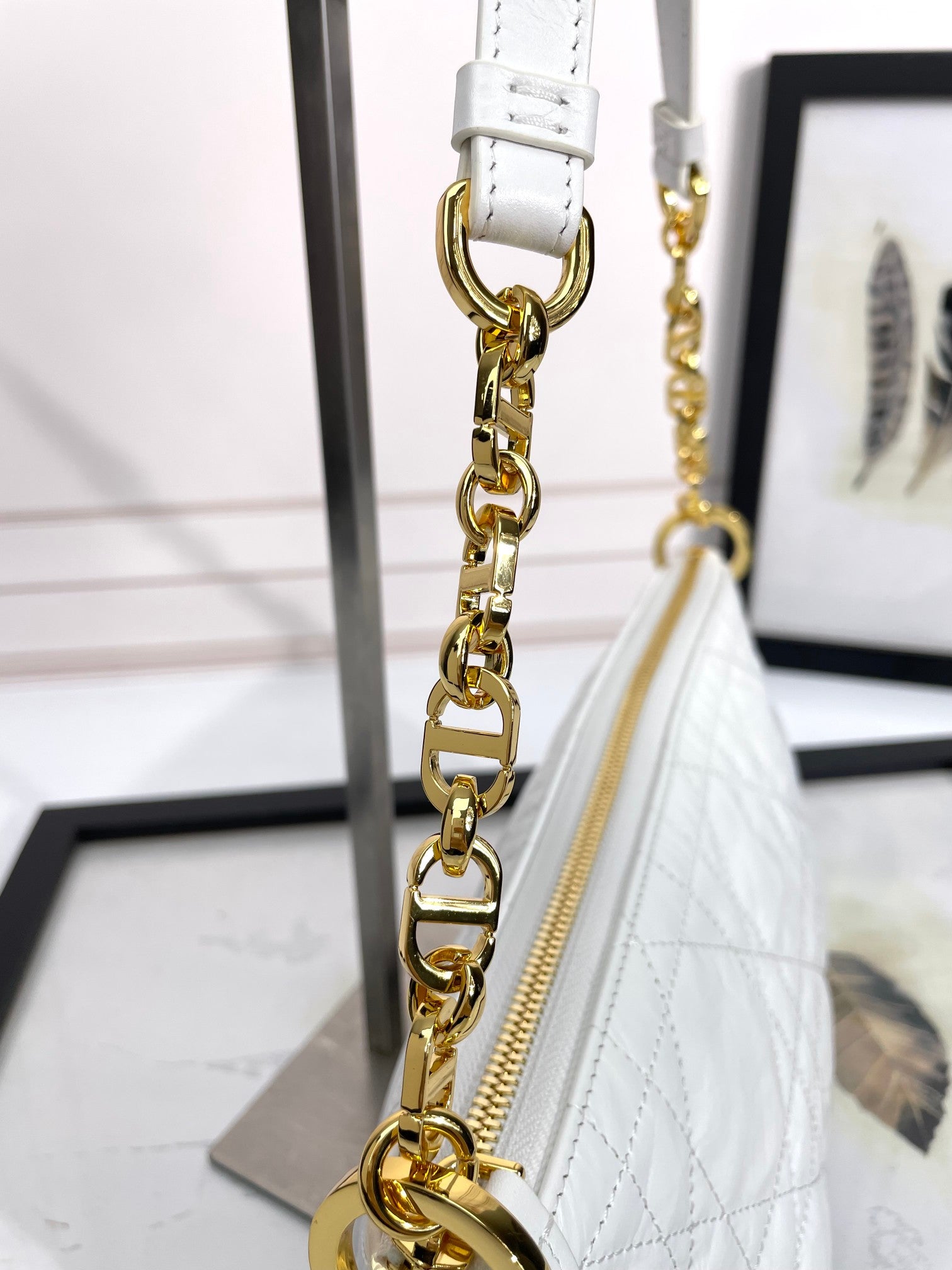 Dior Elegant White Quilted Hobo Shoulder Bag with Gold Chain