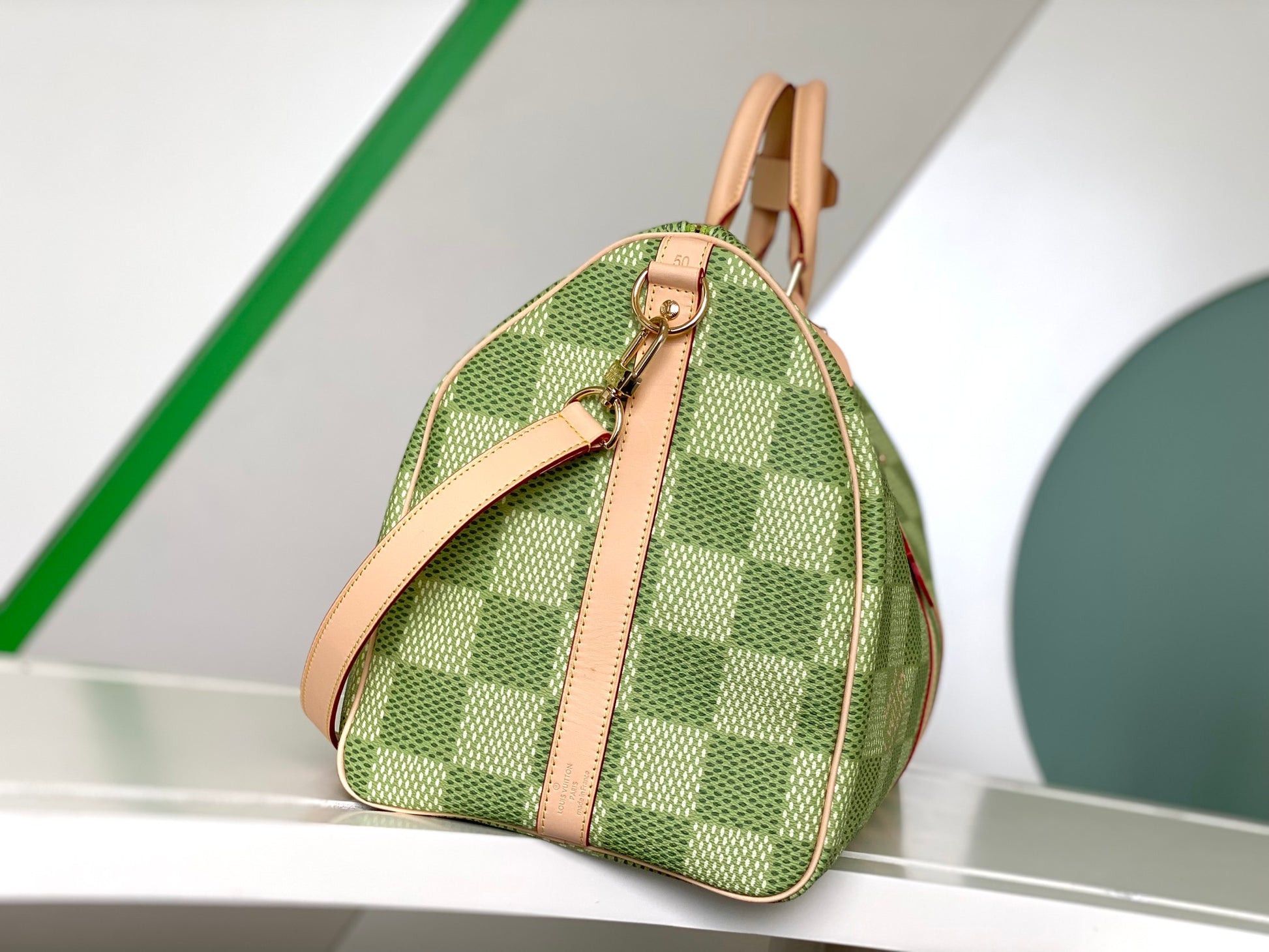 Louis Vuitton Green Checkerboard Canvas Travel Duffle Bag with Leather Straps
