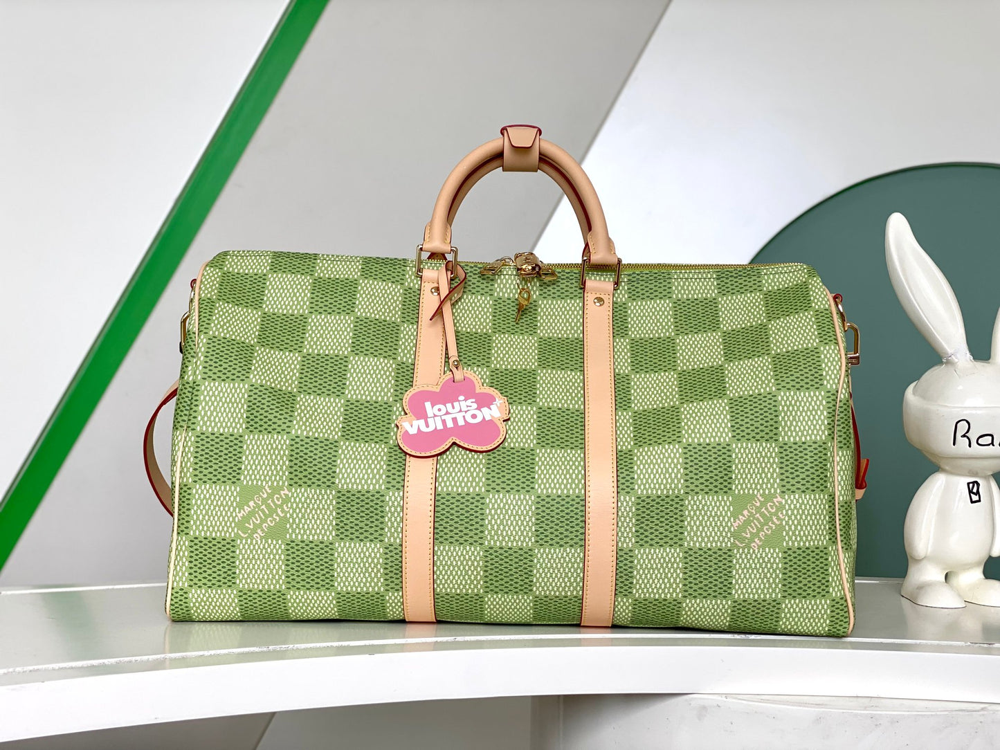 Louis Vuitton Green Checkerboard Canvas Travel Duffle Bag with Leather Straps