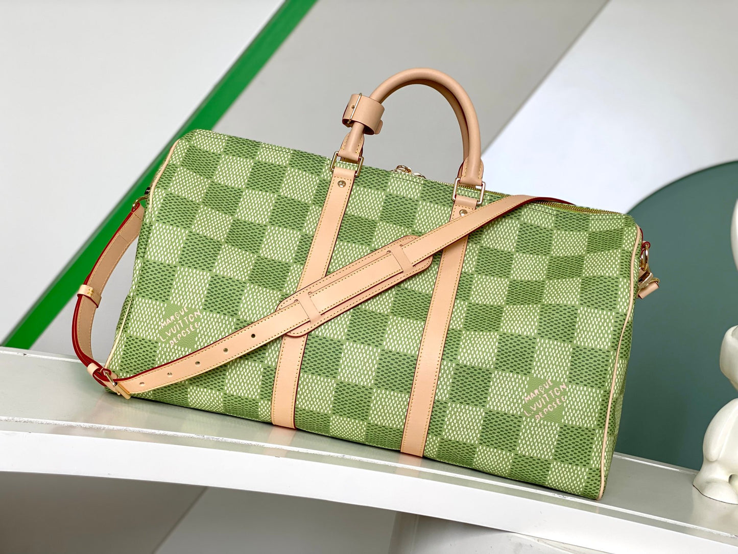 Louis Vuitton Green Checkerboard Canvas Travel Duffle Bag with Leather Straps