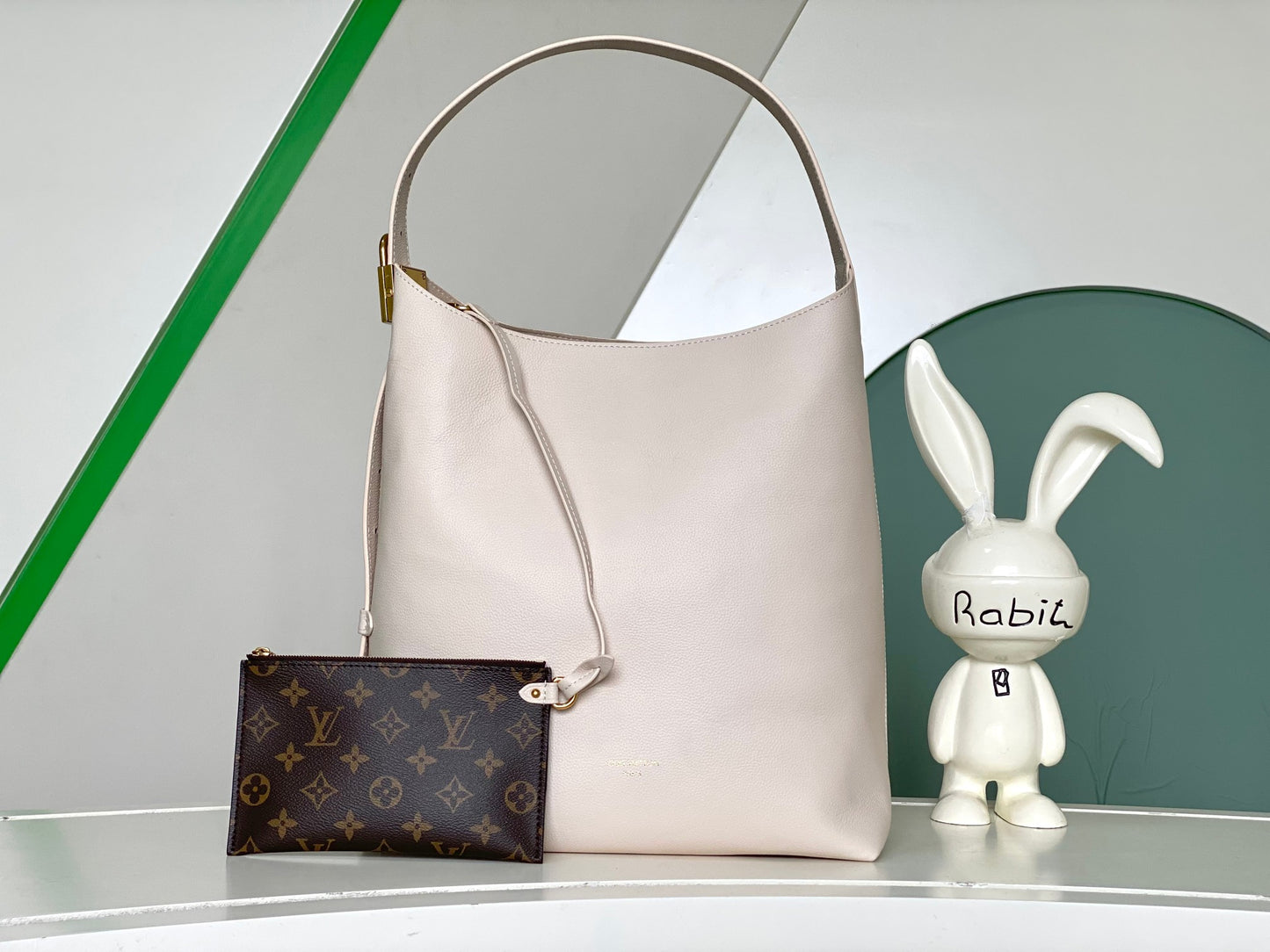 Louis Vuitton Minimalist Beige Leather Hobo Shoulder Bag with Gold Hardware
