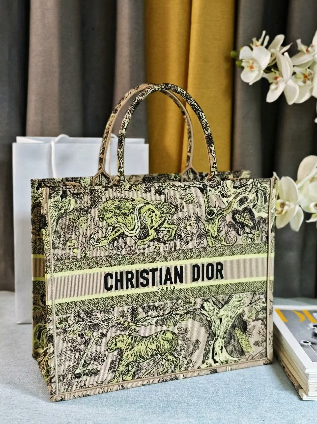 Dior Vintage Green Toile de Jouy Animal Print Canvas Tote Bag