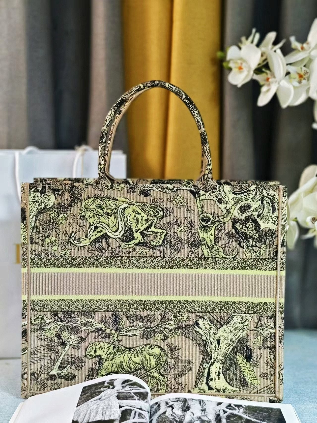 Dior Vintage Green Toile de Jouy Animal Print Canvas Tote Bag