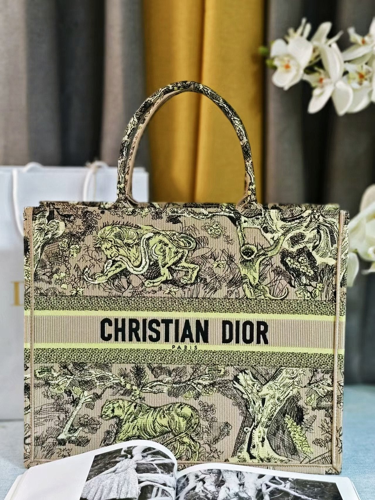 Dior Vintage Green Toile de Jouy Animal Print Canvas Tote Bag