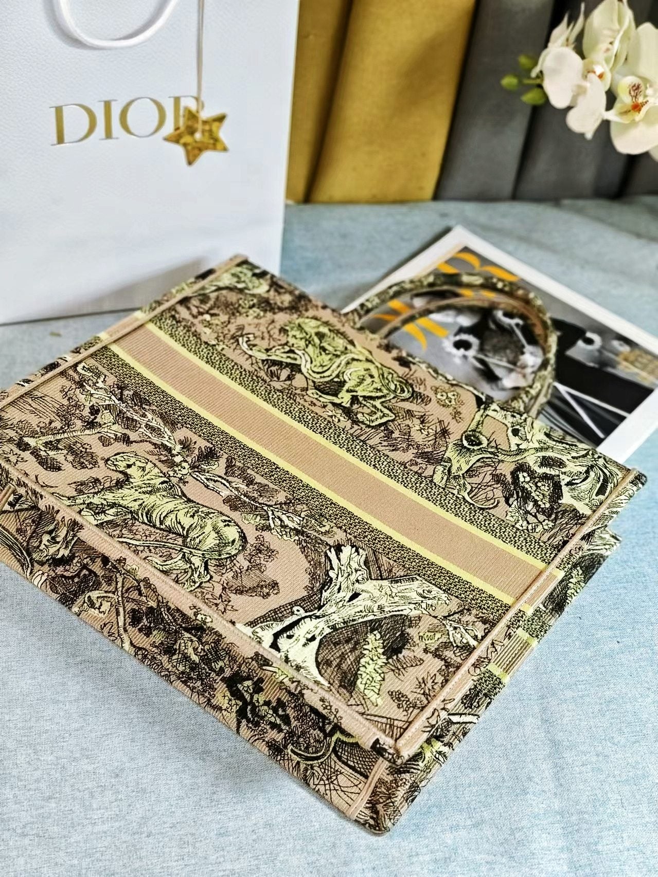 Dior Vintage Green Toile de Jouy Animal Print Canvas Tote Bag