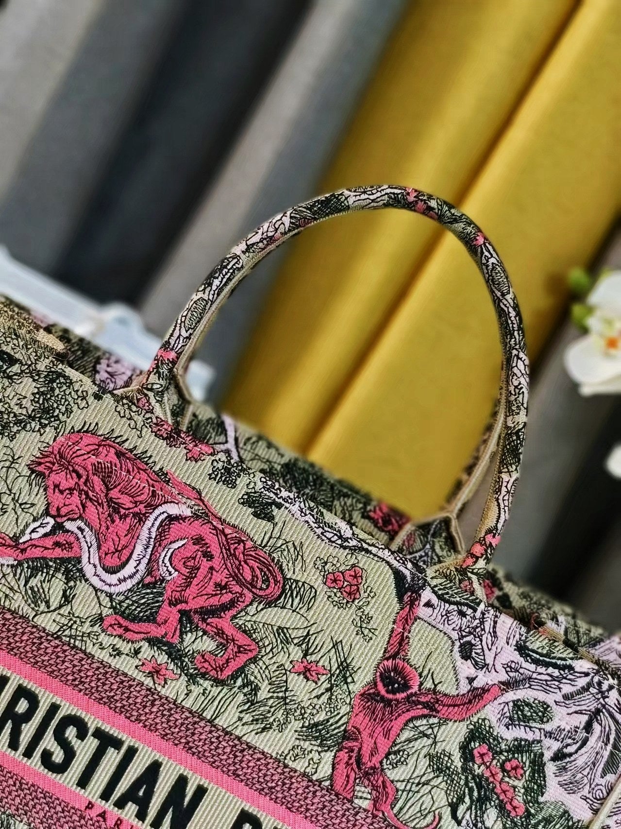 Dior Pink Tiger Embroidered Canvas Tote Bag Top Handle Handbag