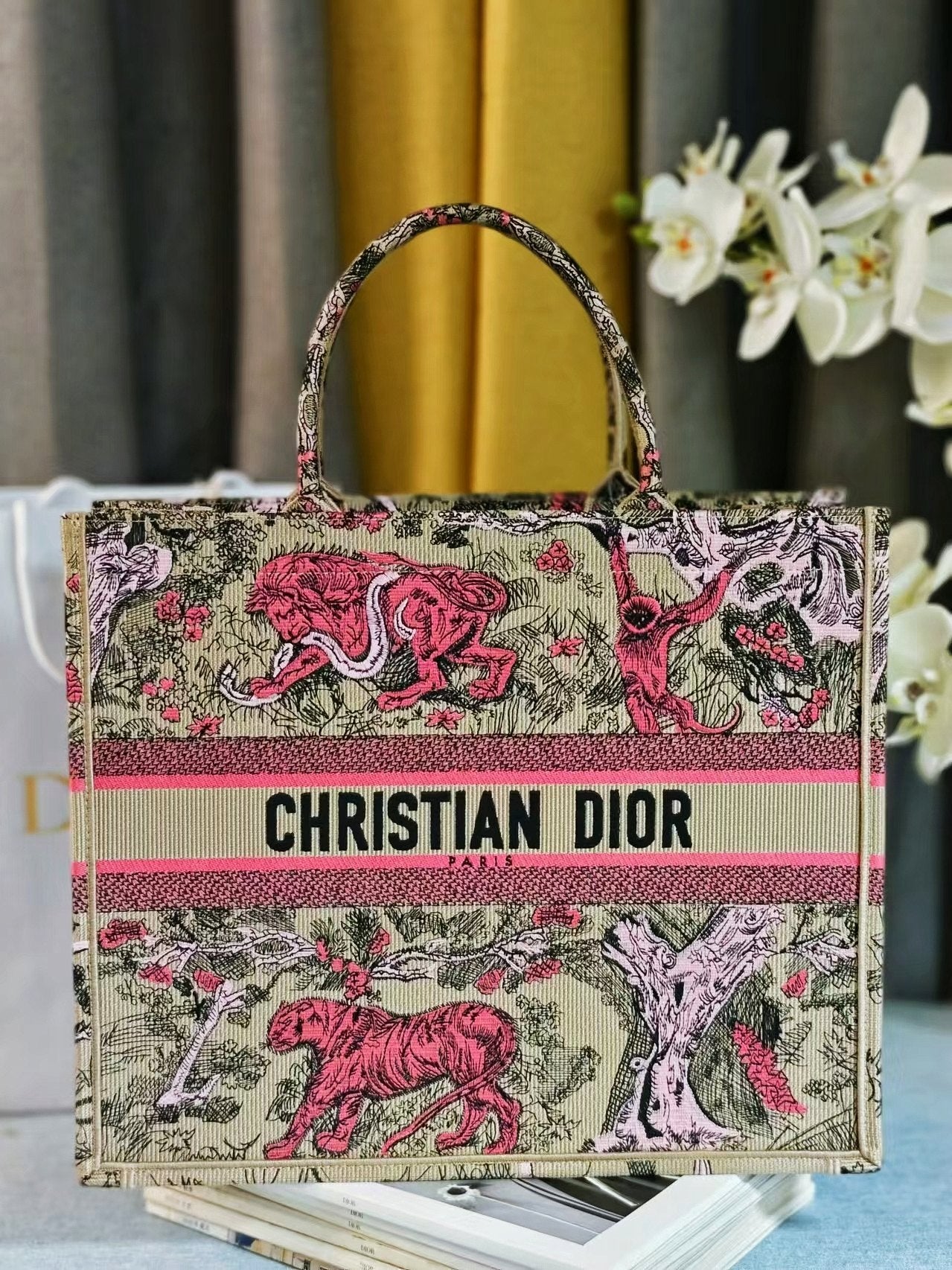 Dior Pink Tiger Embroidered Canvas Tote Bag Top Handle Handbag