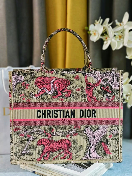 Dior Pink Tiger Embroidered Canvas Tote Bag Top Handle Handbag
