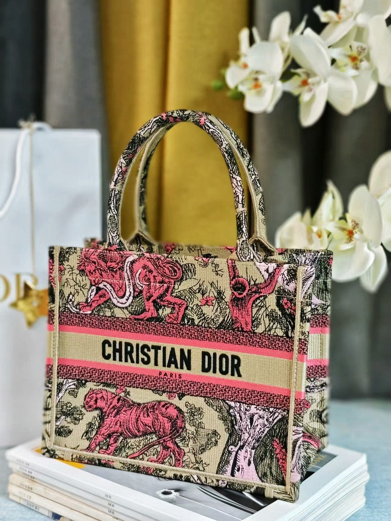 Dior Vintage Pink Tiger Pattern Embroidered Top Handle Tote Bag