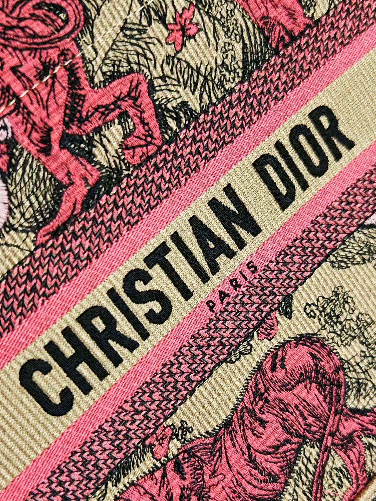 Dior Vintage Pink Tiger Pattern Embroidered Top Handle Tote Bag