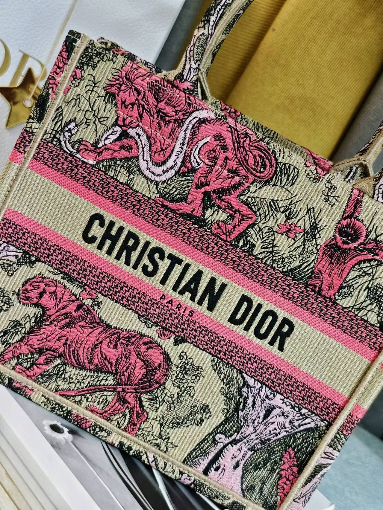 Dior Vintage Pink Tiger Pattern Embroidered Top Handle Tote Bag