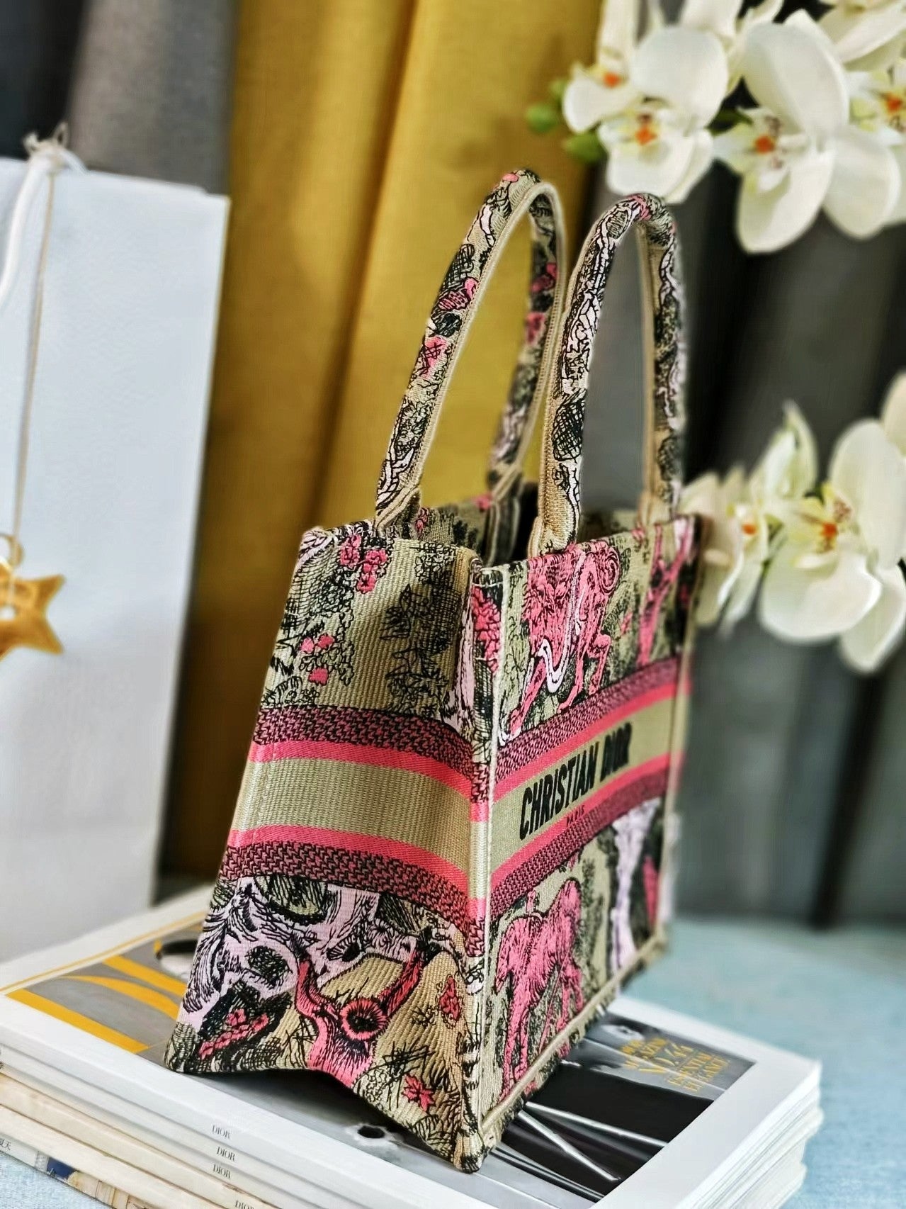 Dior Vintage Pink Tiger Pattern Embroidered Top Handle Tote Bag
