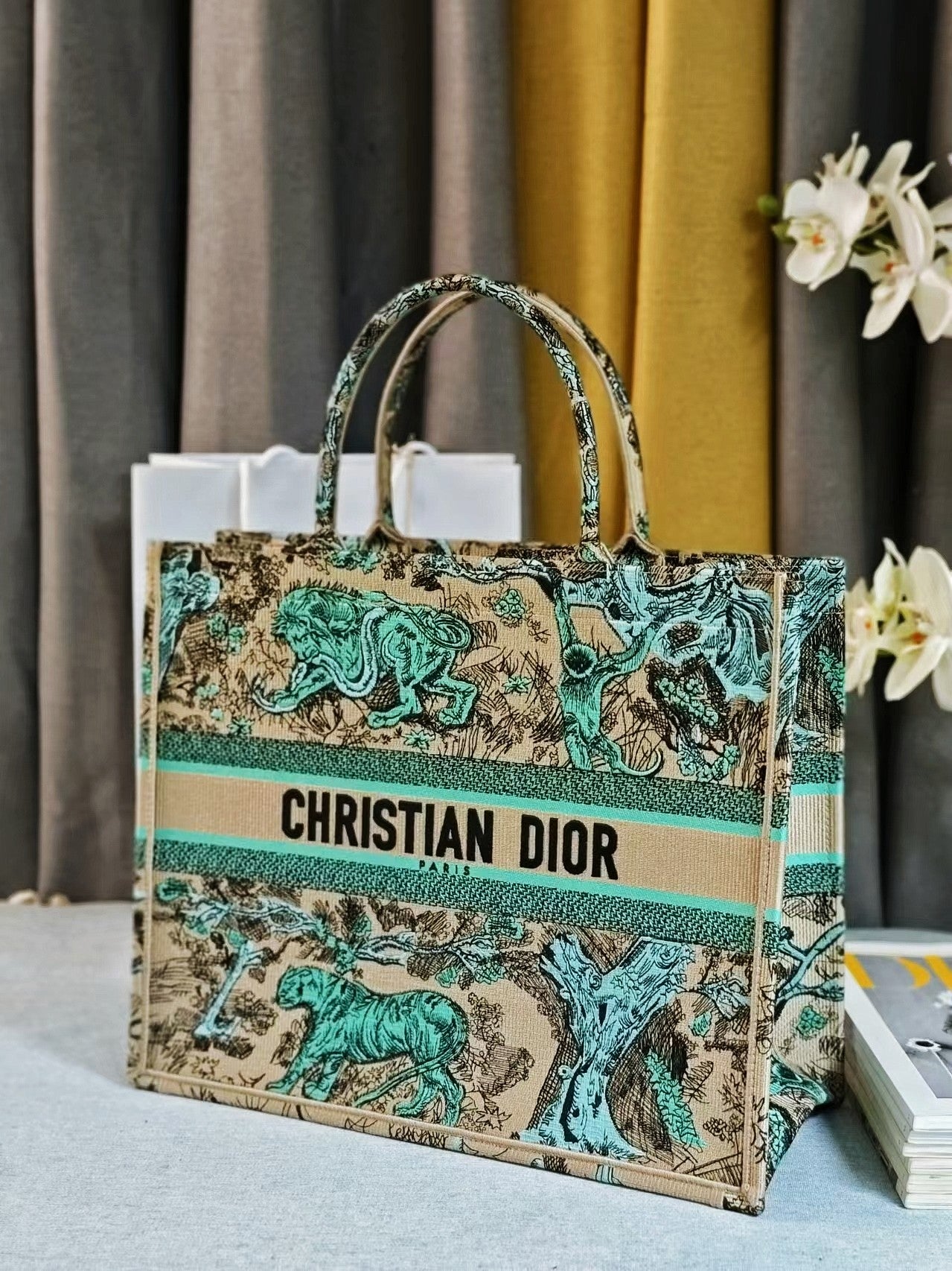 Christian Dior Toile de Jouy Embroidered Book Tote - Teal & Beige