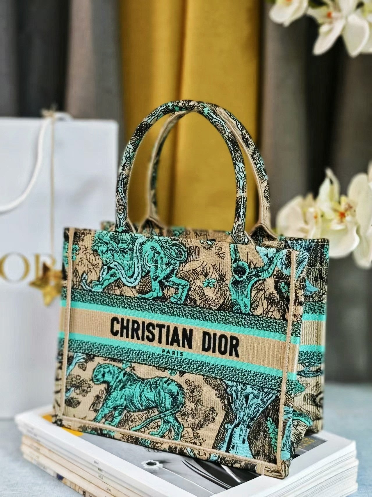Dior Teal and Beige Animal Print Patterned Canvas Tote Bag with Handles