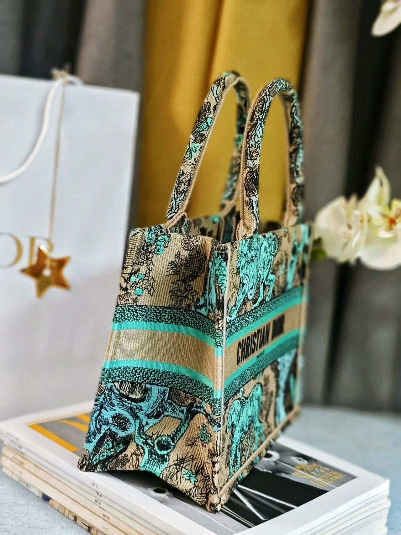 Dior Teal and Beige Animal Print Patterned Canvas Tote Bag with Handles