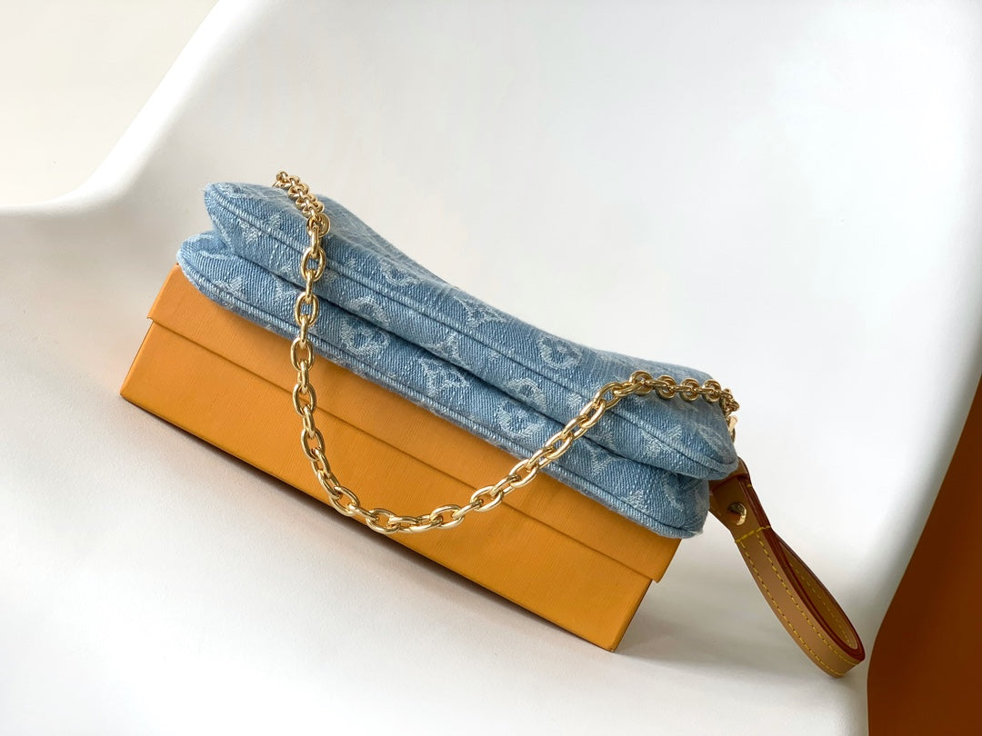 Louis Vuitton Vintage Monogram Denim Shoulder Bag with Gold Chain Strap