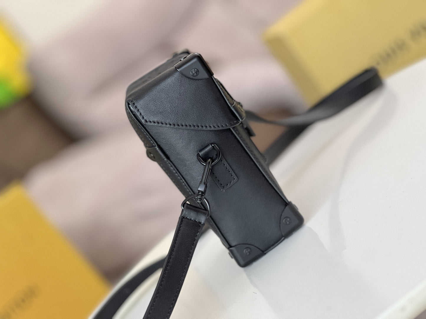 Louis Vuitton Matte Black Textured Leather Vertical Mini Trunk Crossbody Bag
