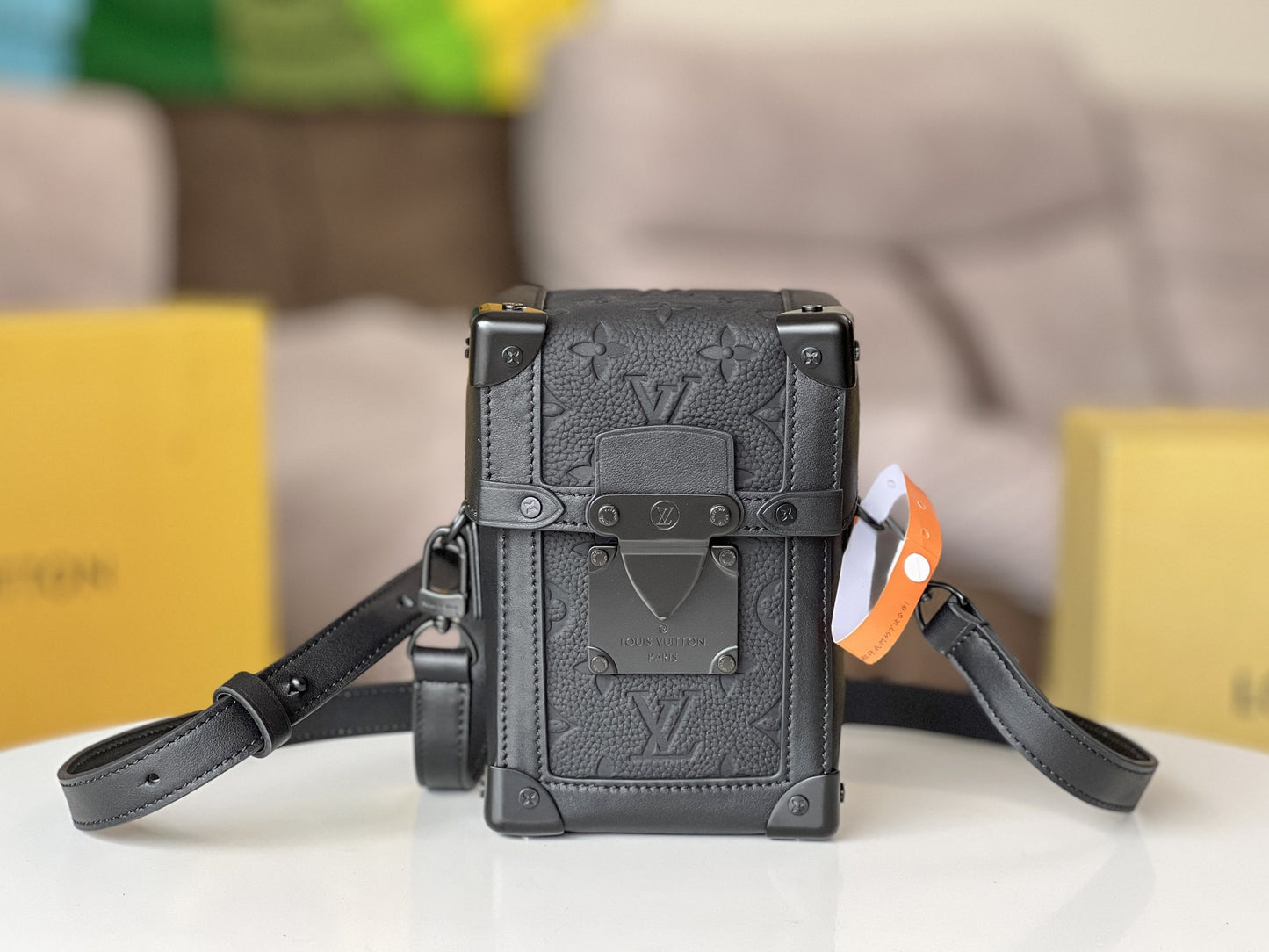 Louis Vuitton Matte Black Textured Leather Vertical Mini Trunk Crossbody Bag
