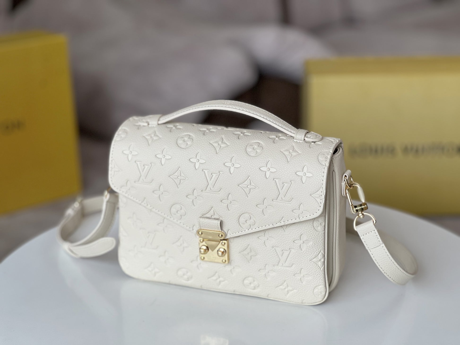Louis Vuitton White Monogram Embossed Leather Crossbody Bag with Top Handle