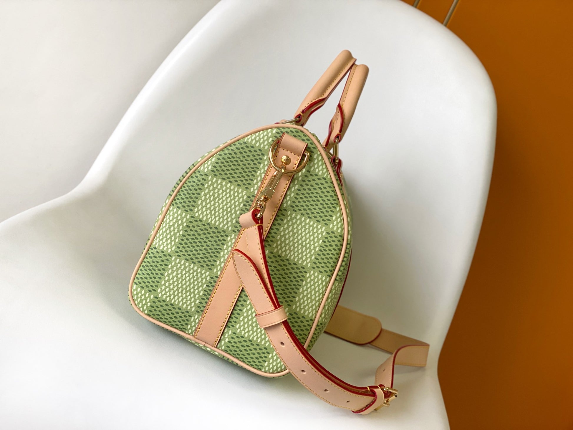Louis Vuitton Green Checkered Canvas Duffle Handbag with Leather Handles