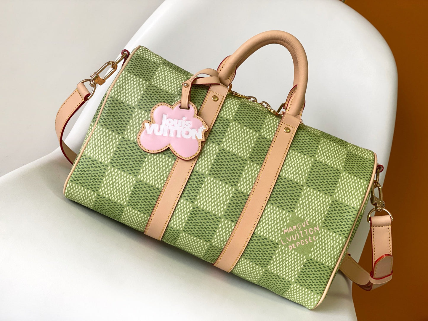 Louis Vuitton Green Checkered Canvas Duffle Handbag with Leather Handles