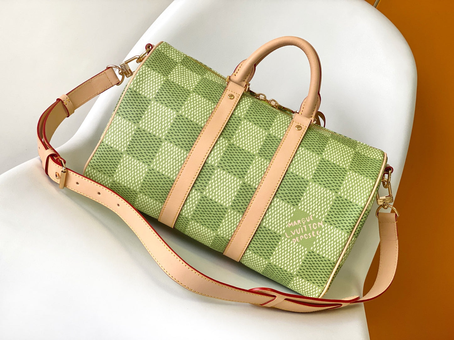 Louis Vuitton Green Checkered Canvas Duffle Handbag with Leather Handles