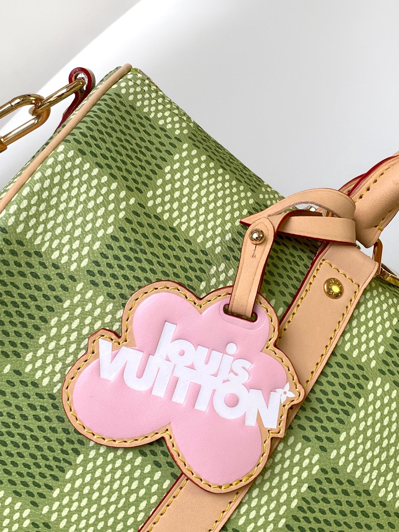 Louis Vuitton Green Checkered Canvas Duffle Handbag with Leather Handles