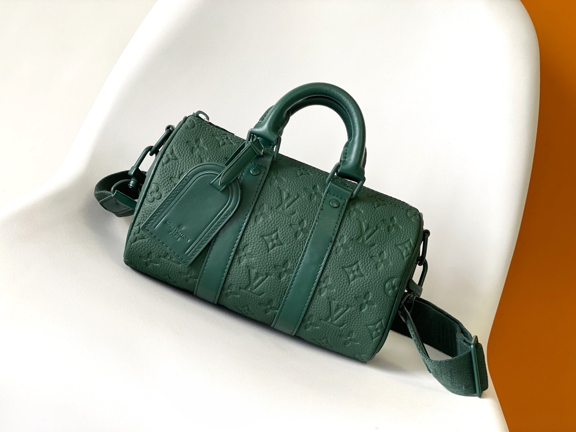 Louis Vuitton Forest Green Embossed Leather Cylinder Crossbody Duffel Bag
