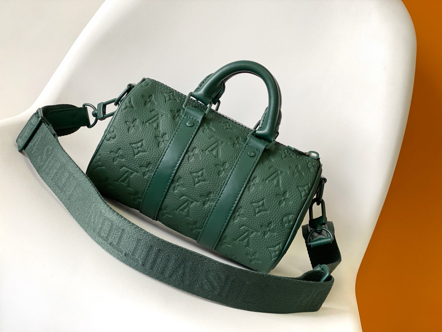 Louis Vuitton Forest Green Embossed Leather Cylinder Crossbody Duffel Bag