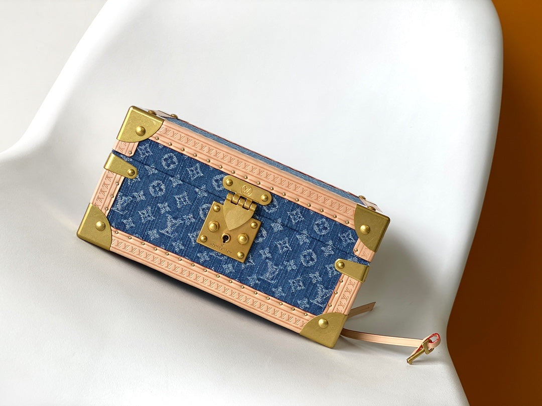 Louis Vuitton Blue Monogram Denim Mini Trunk Jewelry Box with Leather Trim