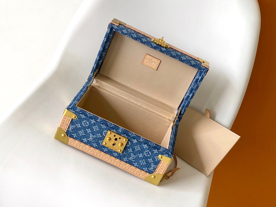 Louis Vuitton Blue Monogram Denim Mini Trunk Jewelry Box with Leather Trim