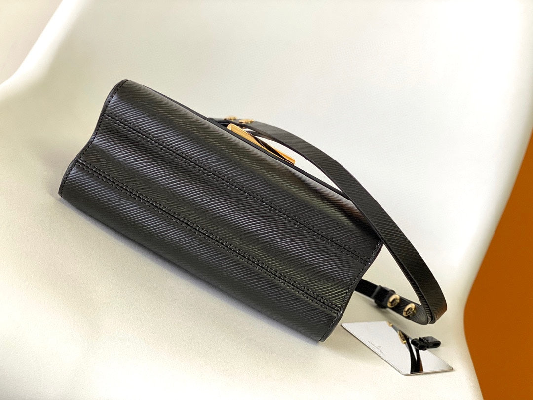 Louis Vuitton Luxury Black Leather Flap Shoulder Bag with Gold Chain Strap