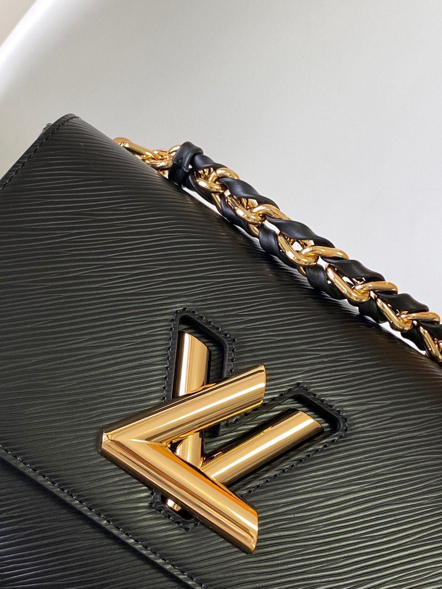 Louis Vuitton Luxury Black Leather Flap Shoulder Bag with Gold Chain Strap
