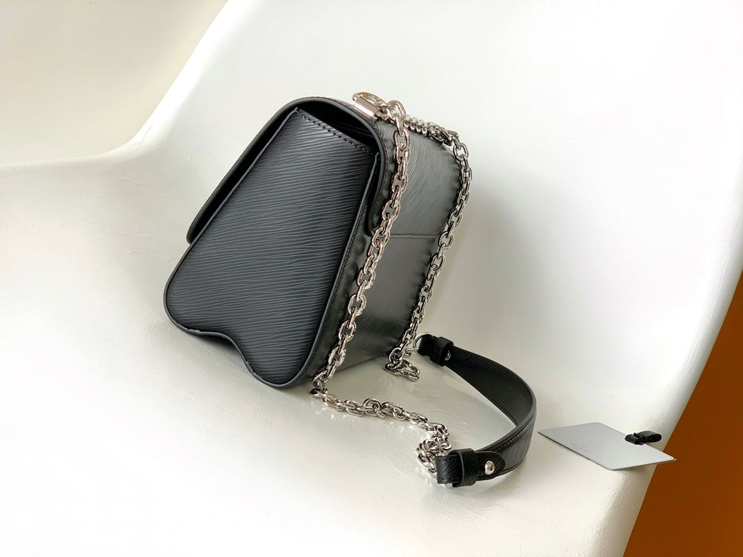 Louis Vuitton Black Textured Leather Crossbody Bag with Silver Chain Strap