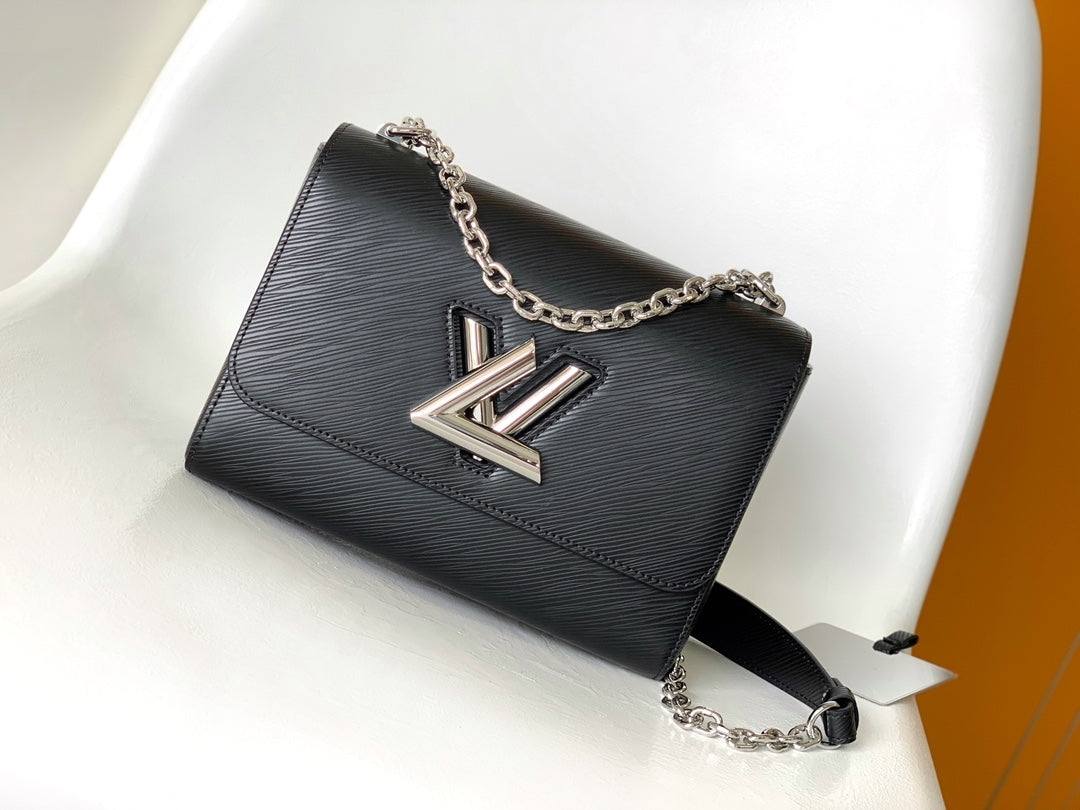 Louis Vuitton Black Textured Leather Crossbody Bag with Silver Chain Strap