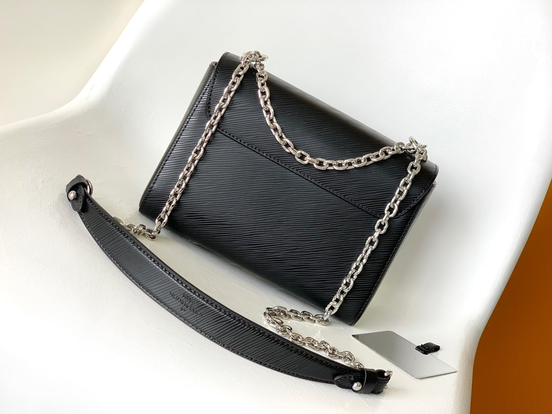Louis Vuitton Black Textured Leather Crossbody Bag with Silver Chain Strap