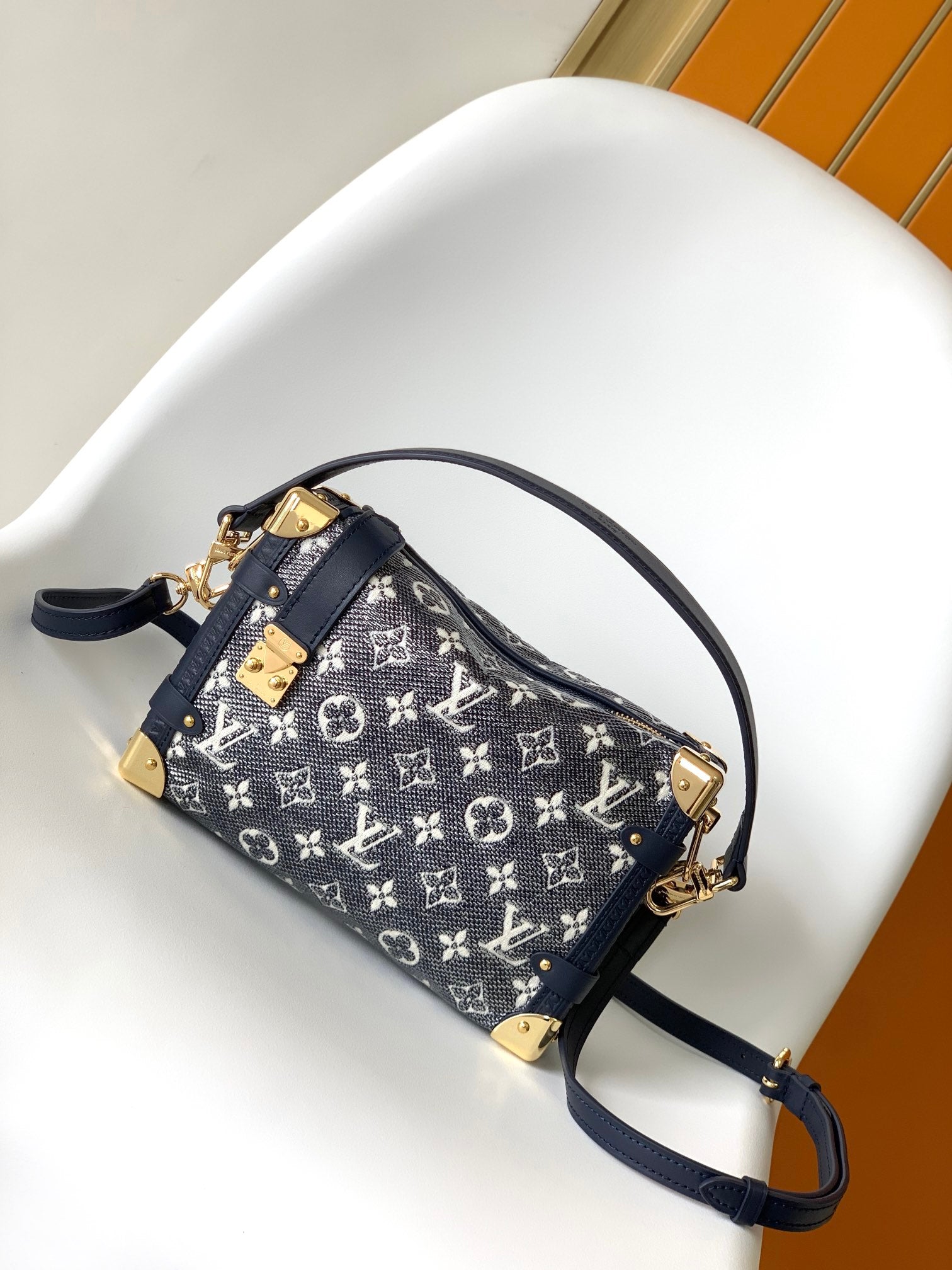 Louis Vuitton Navy Blue Denim Monogram Trunk Handbag with Gold Hardware
