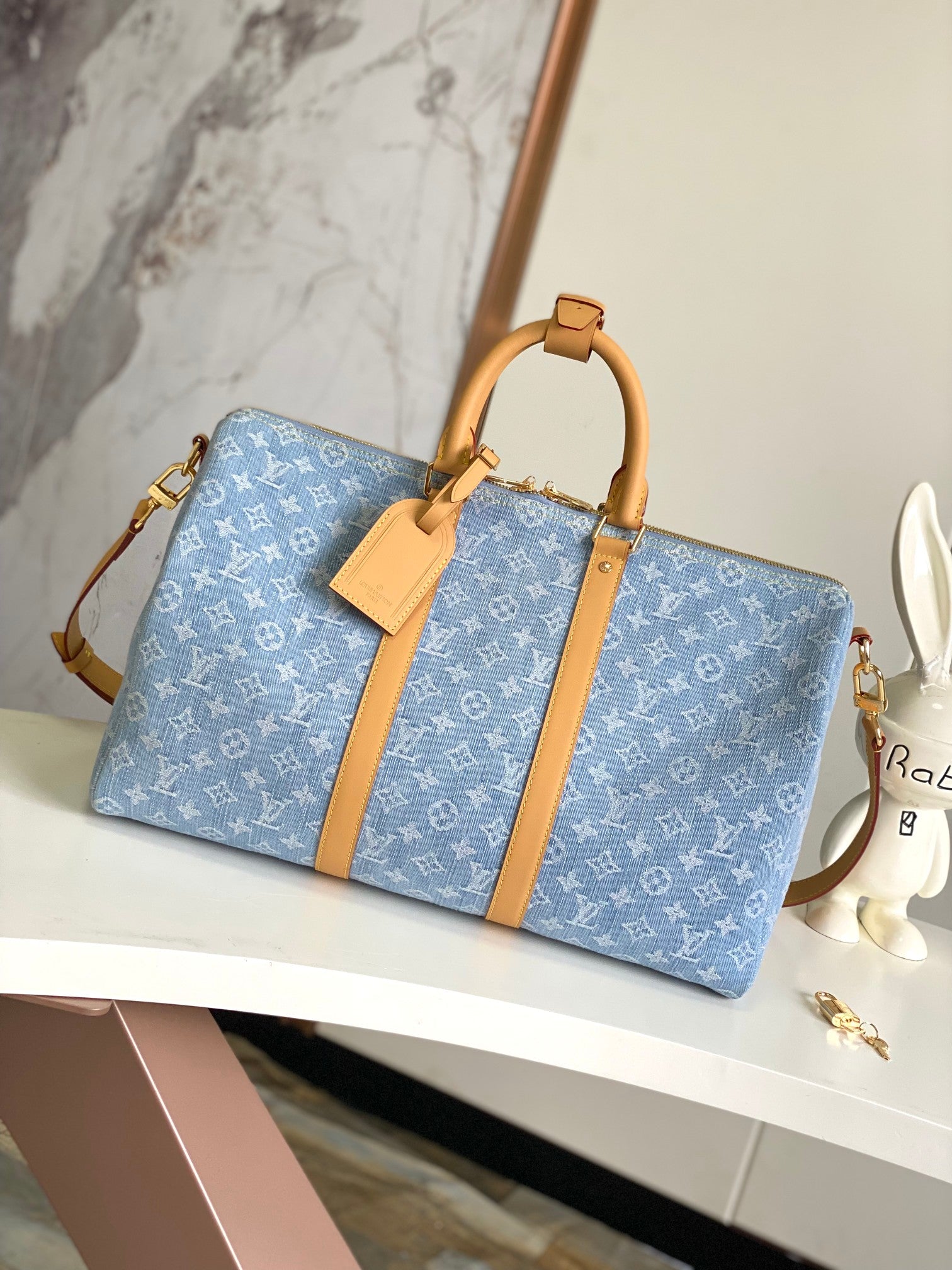 Louis Vuitton Light Blue Monogram Travel Duffle Bag with Tan Leather Trim