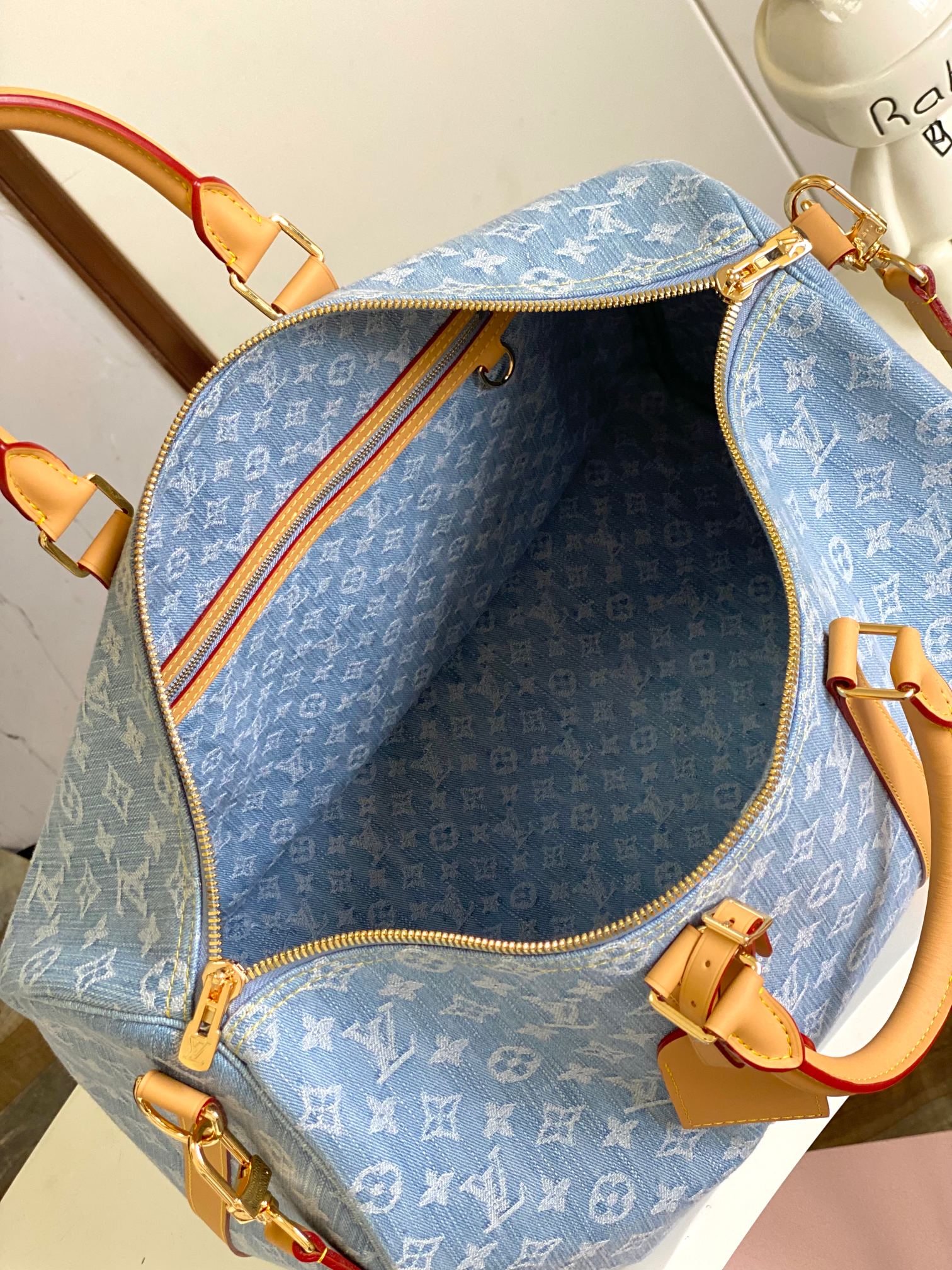 Louis Vuitton Light Blue Monogram Travel Duffle Bag with Tan Leather Trim