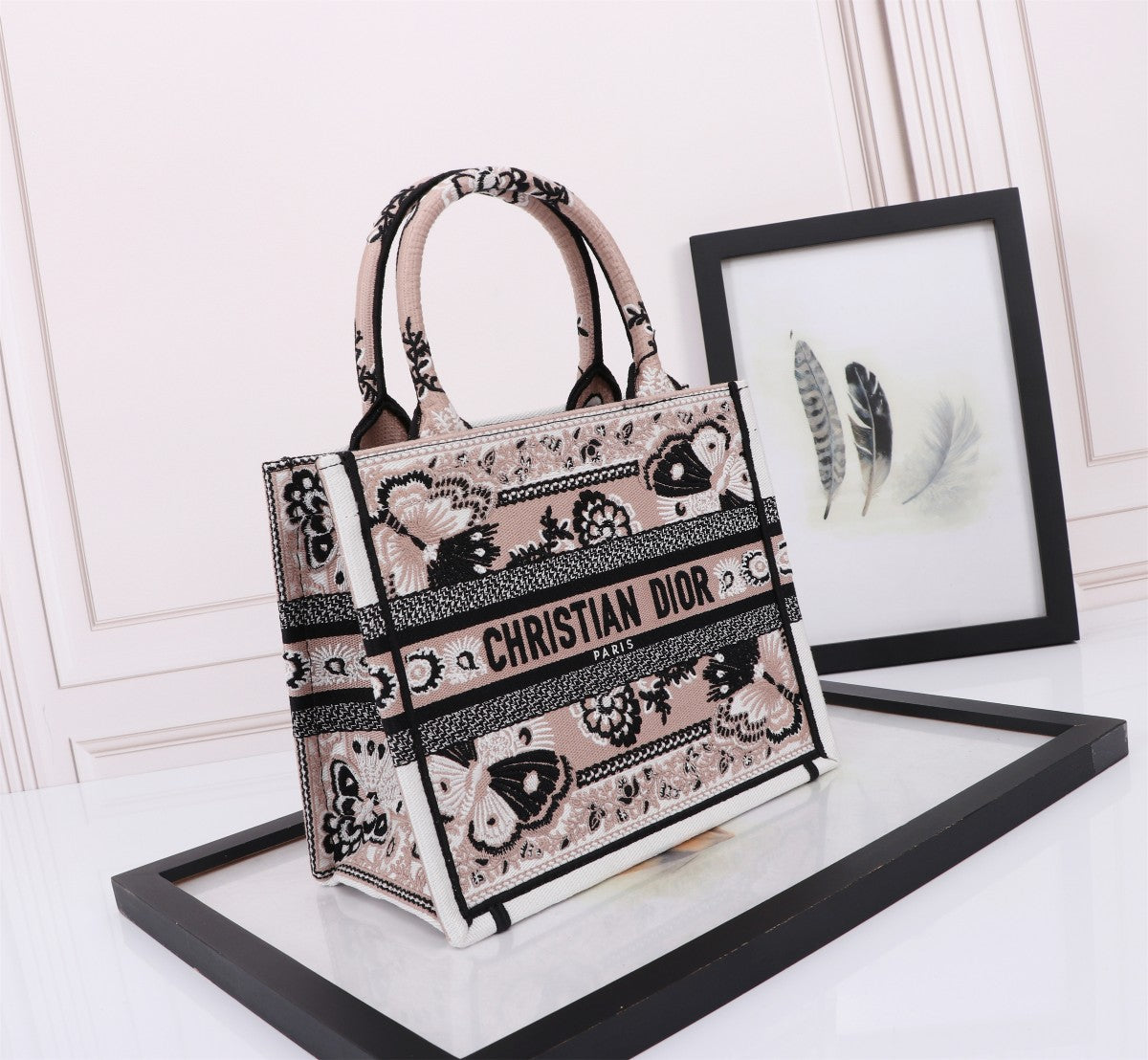Dior Embroidered Butterfly Floral Canvas Tote Bag with Top Handles