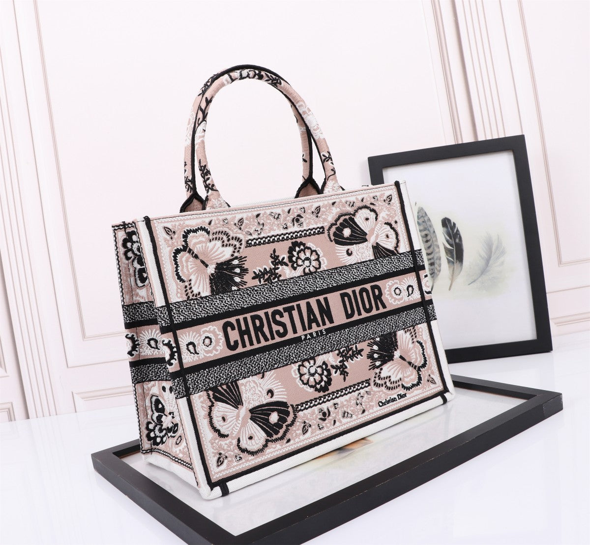 Dior Elegant Embroidered Butterfly Floral Canvas Tote Handbag