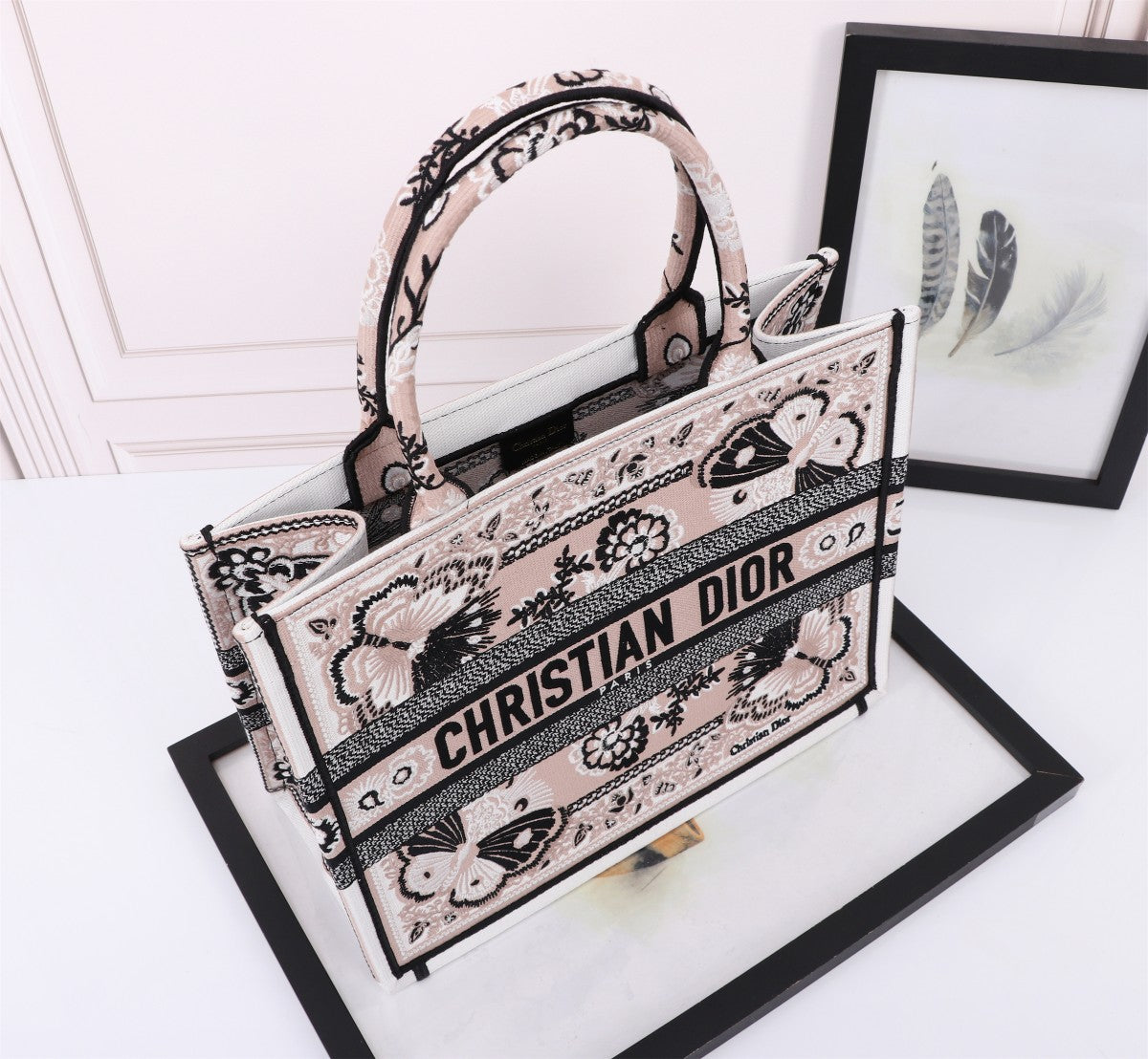 Dior Elegant Embroidered Butterfly Floral Canvas Tote Handbag