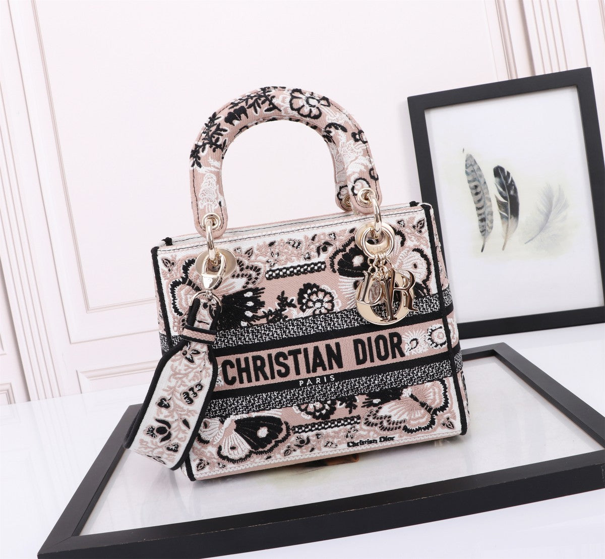 Dior Vintage Black and White Embroidered Floral Top Handle Handbag