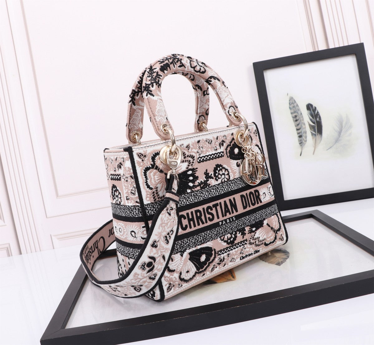 Dior Vintage Black and White Embroidered Floral Top Handle Handbag