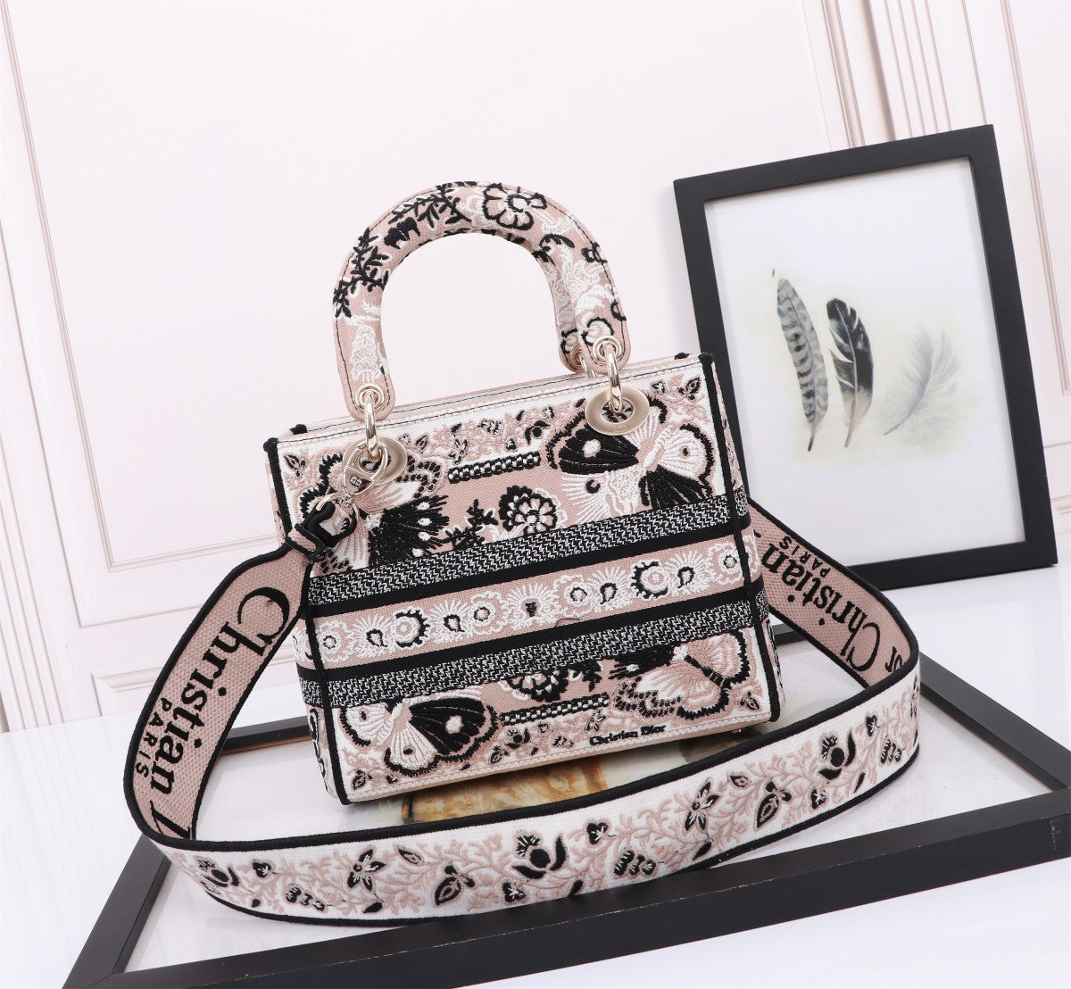 Dior Floral Embroidered Canvas Top Handle Bag with Shoulder Strap
