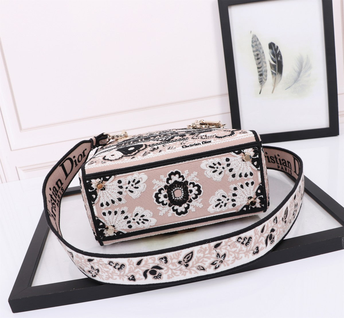 Dior Floral Embroidered Canvas Top Handle Bag with Shoulder Strap