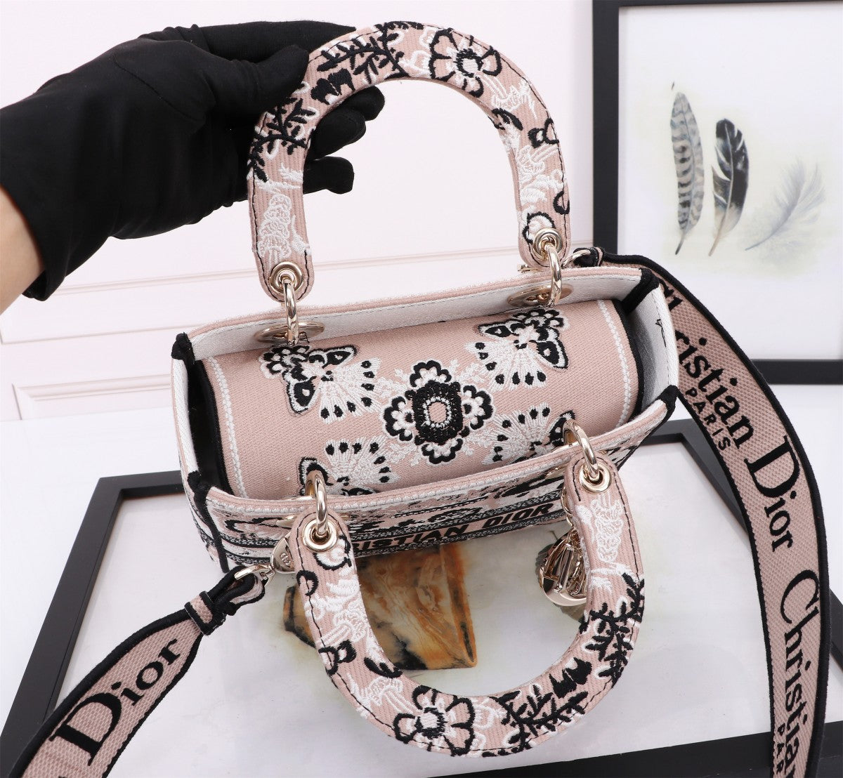 Dior Floral Embroidered Canvas Top Handle Bag with Shoulder Strap
