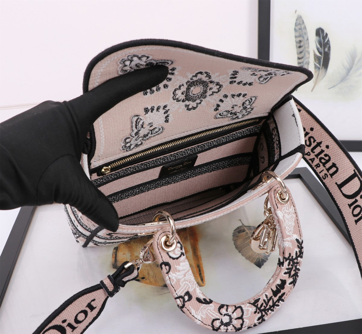 Dior Vintage Black and White Embroidered Floral Top Handle Handbag