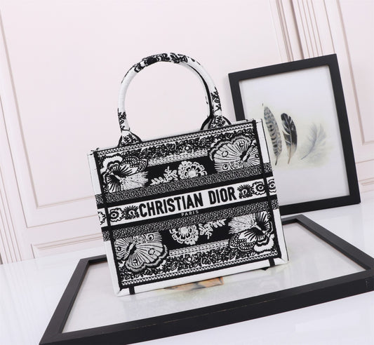 Christian Dior Black and White Embroidered Book Tote Bag