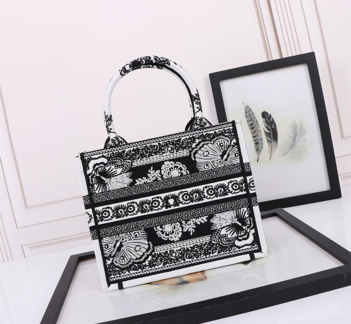 Dior Luxury Style Black and White Floral Embroidered Canvas Tote Bag